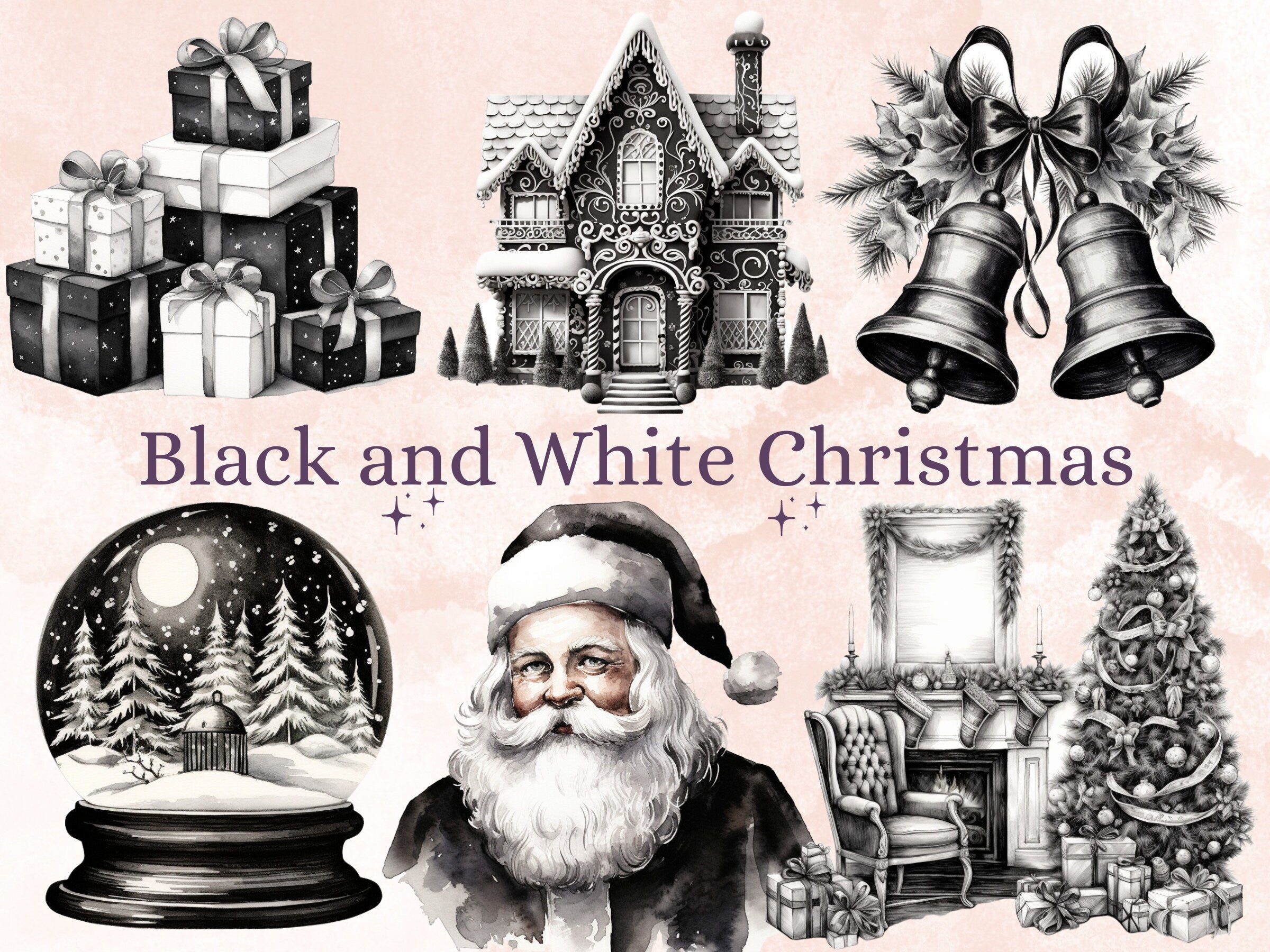45 PNG Watercolour Black and White Christmas Clipart, Old Christmas Illustration Clip art, Nostalgia Winter Holiday png, Xmas Noel Ornaments