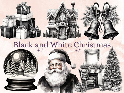 45 PNG Watercolour Black and White Christmas Clipart, Old Christmas Illustration Clip art, Nostalgia Winter Holiday png, Xmas Noel Ornaments