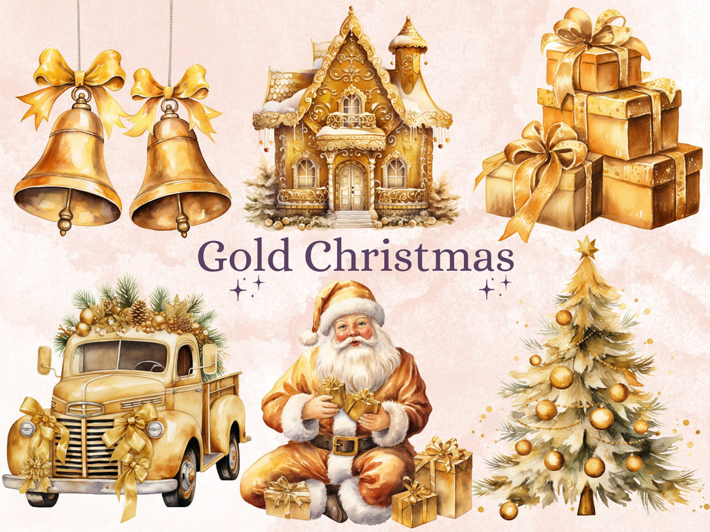 40 PNG Watercolour Gold Christmas Clipart, Golden Luxury Christmas Illustrations Clip art, Yellow Winter Holiday png, Xmas Noel Ornaments