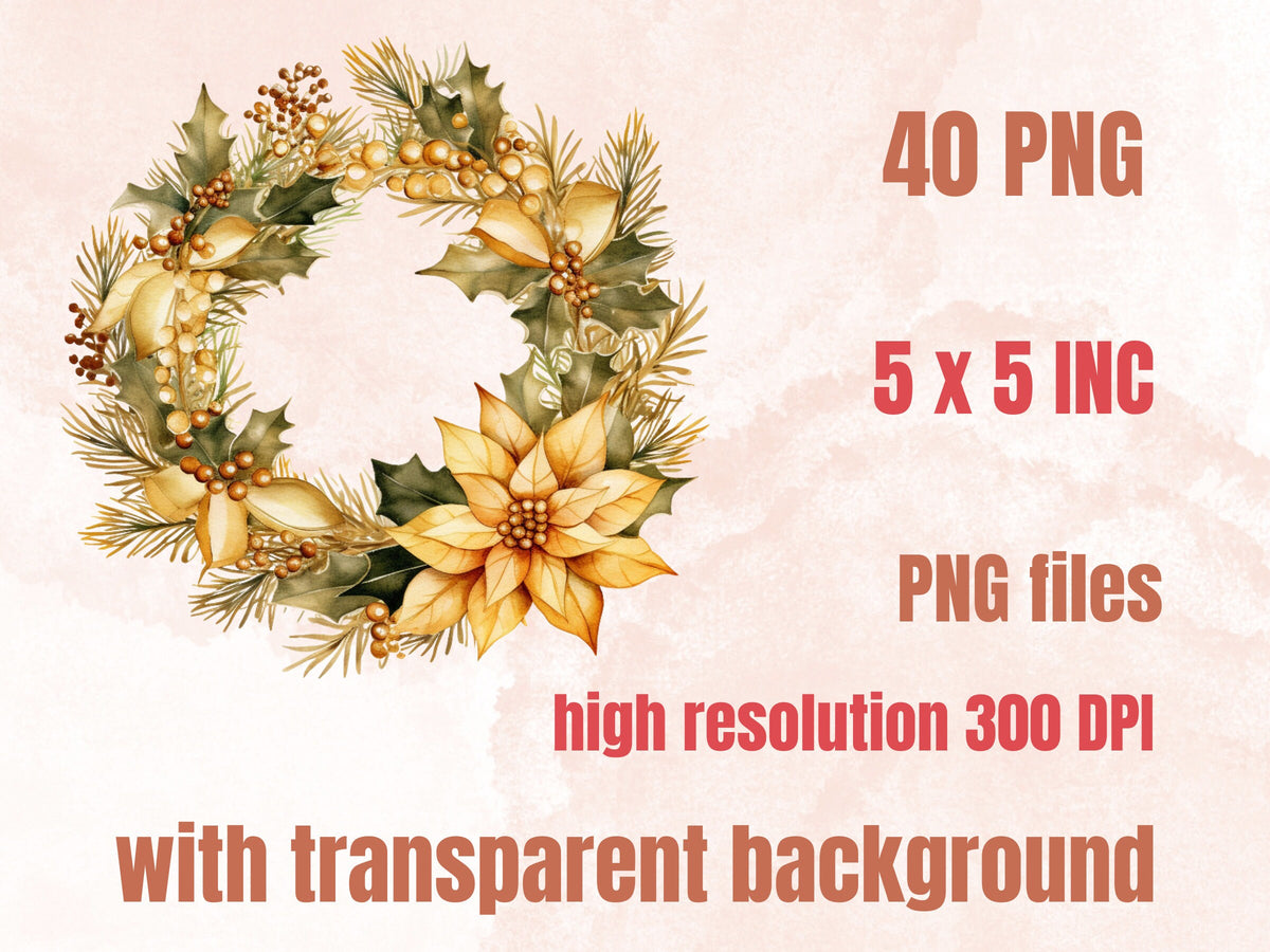 40 PNG Watercolour Gold Christmas Clipart, Golden Luxury Christmas Illustrations Clip art, Yellow Winter Holiday png, Xmas Noel Ornaments