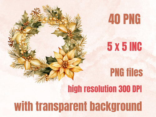 40 PNG Watercolour Gold Christmas Clipart, Golden Luxury Christmas Illustrations Clip art, Yellow Winter Holiday png, Xmas Noel Ornaments
