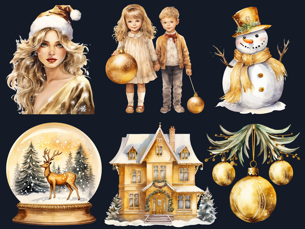 40 PNG Watercolour Gold Christmas Clipart, Golden Luxury Christmas Illustrations Clip art, Yellow Winter Holiday png, Xmas Noel Ornaments