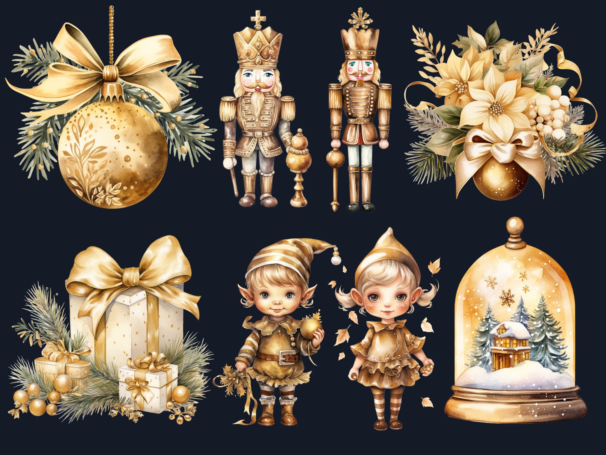 40 PNG Watercolour Gold Christmas Clipart, Golden Luxury Christmas Illustrations Clip art, Yellow Winter Holiday png, Xmas Noel Ornaments