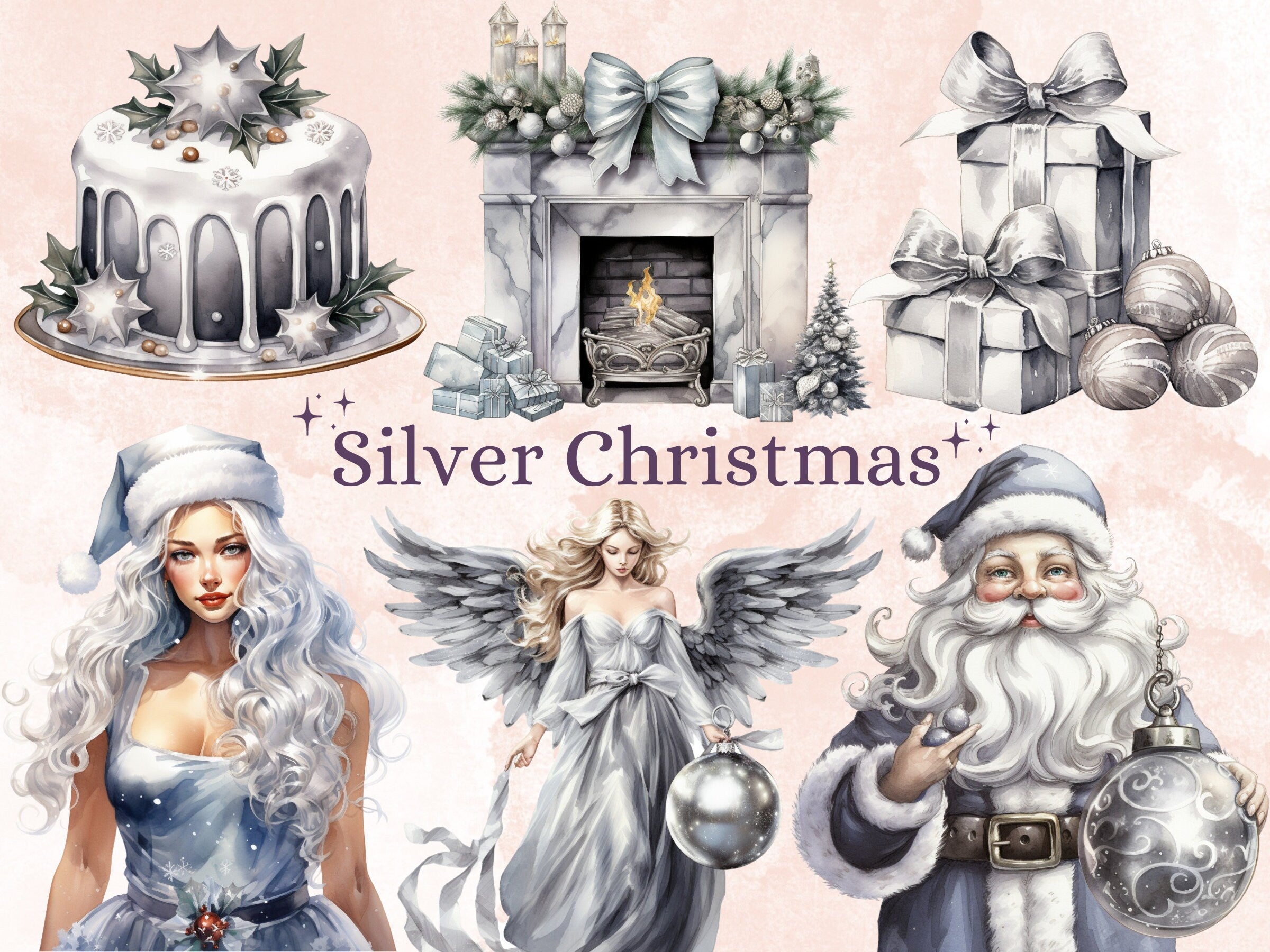 40 PNG Watercolour Silver Christmas Clipart, Gray Luxury Christmas Illustrations Clip art, Silver Winter Holiday png, Xmas Noel Ornaments
