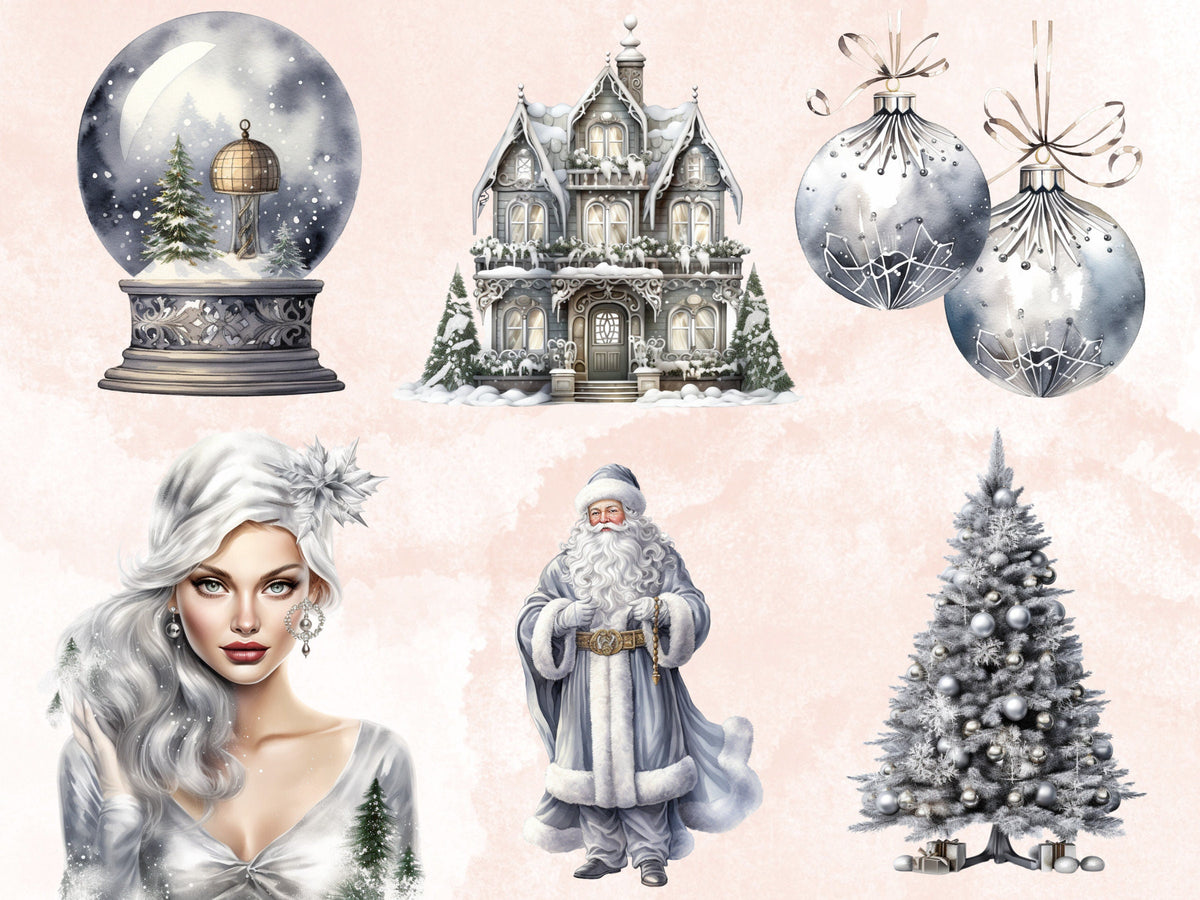 40 PNG Watercolour Silver Christmas Clipart, Gray Luxury Christmas Illustrations Clip art, Silver Winter Holiday png, Xmas Noel Ornaments