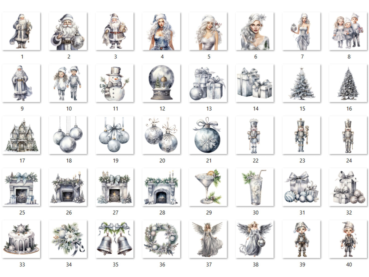 40 PNG Watercolour Silver Christmas Clipart, Gray Luxury Christmas Illustrations Clip art, Silver Winter Holiday png, Xmas Noel Ornaments