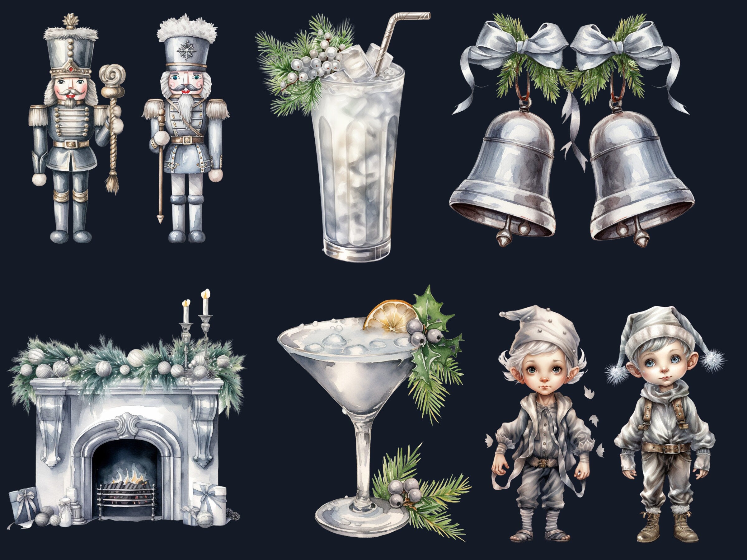 40 PNG Watercolour Silver Christmas Clipart, Gray Luxury Christmas Illustrations Clip art, Silver Winter Holiday png, Xmas Noel Ornaments