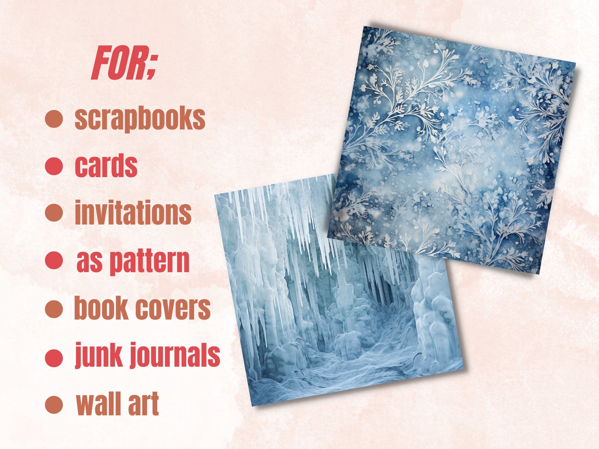Printable Frozen Winter Digital Paper, Freezing Snowfall Ephemera, Snowflakes and Icicles Pages, Junk Journal, Scrapbooking, Card Making