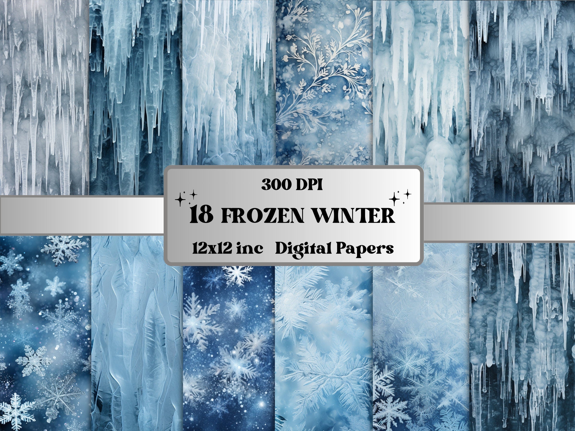 Printable Frozen Winter Digital Paper, Freezing Snowfall Ephemera, Snowflakes and Icicles Pages, Junk Journal, Scrapbooking, Card Making