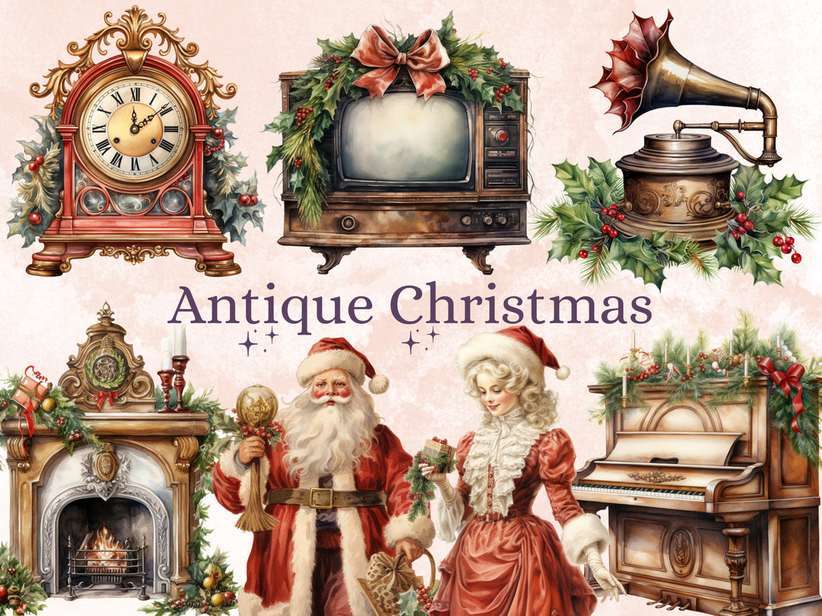 45 PNG Watercolour Antique Christmas Clipart, Rustic Vintage Christmas Illustrations Clip art, Winter Holiday png, Old Xmas Noel Ornaments