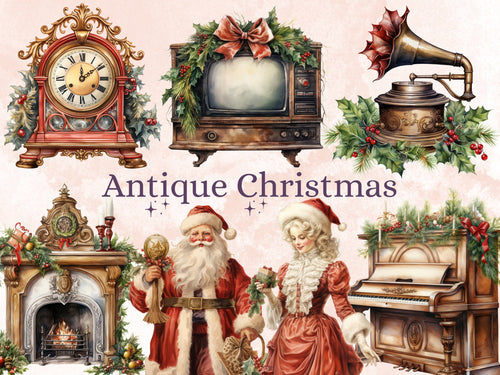 45 PNG Watercolour Antique Christmas Clipart, Rustic Vintage Christmas Illustrations Clip art, Winter Holiday png, Old Xmas Noel Ornaments
