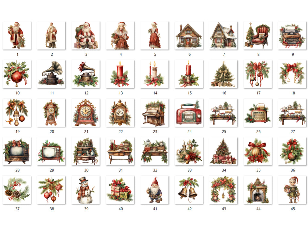 45 PNG Watercolour Antique Christmas Clipart, Rustic Vintage Christmas Illustrations Clip art, Winter Holiday png, Old Xmas Noel Ornaments