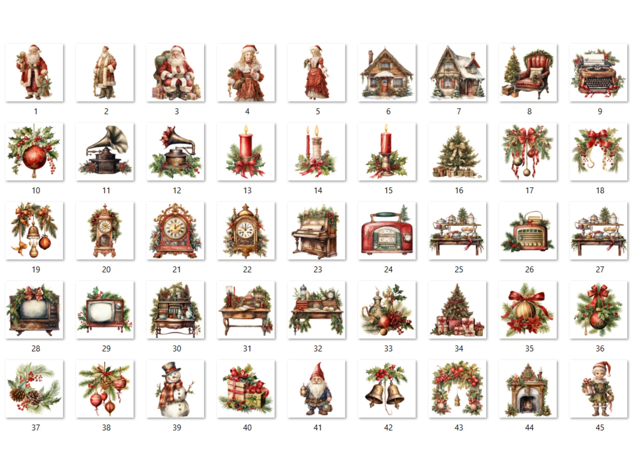 45 PNG Watercolour Antique Christmas Clipart, Rustic Vintage Christmas Illustrations Clip art, Winter Holiday png, Old Xmas Noel Ornaments