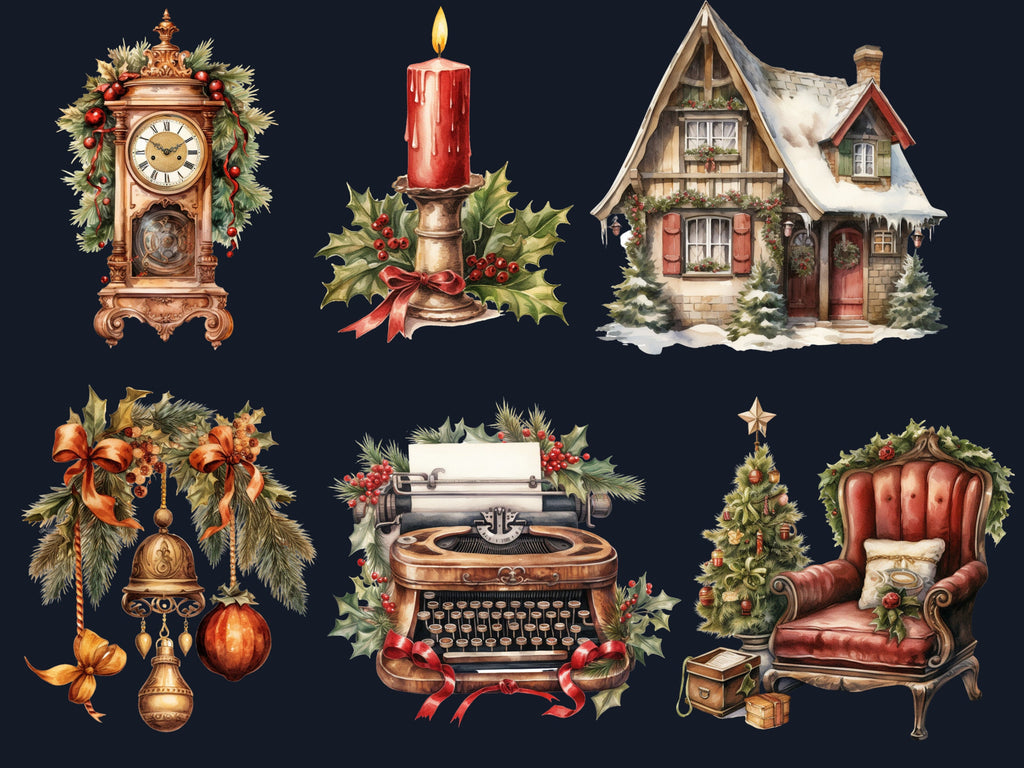 45 PNG Watercolour Antique Christmas Clipart, Rustic Vintage Christmas Illustrations Clip art, Winter Holiday png, Old Xmas Noel Ornaments