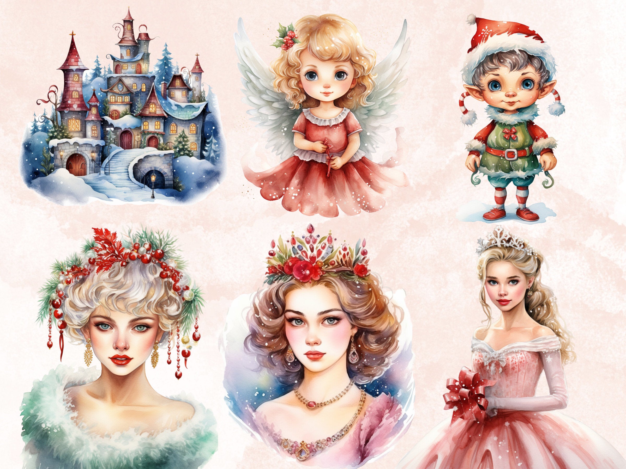 45 PNG Watercolour Fairytale Christmas Clipart, Enchanted Christmas Illustrations Clip art, Winter Holiday png, Fantasy Xmas Noel Ornaments