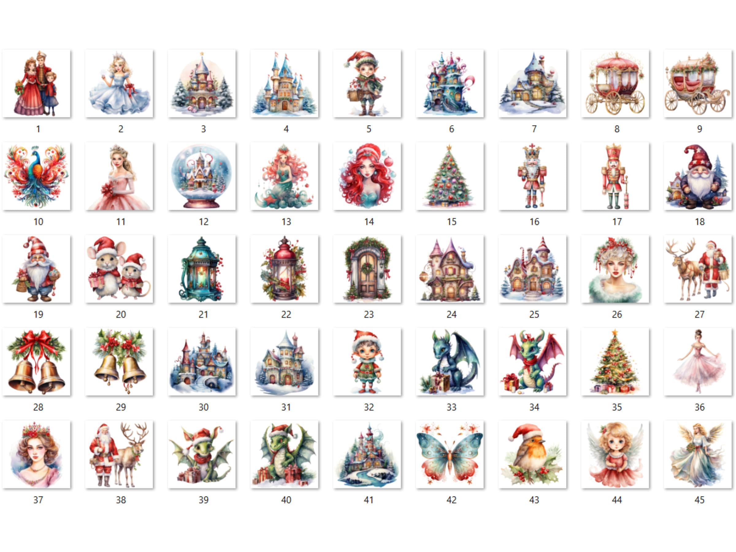 45 PNG Watercolour Fairytale Christmas Clipart, Enchanted Christmas Illustrations Clip art, Winter Holiday png, Fantasy Xmas Noel Ornaments