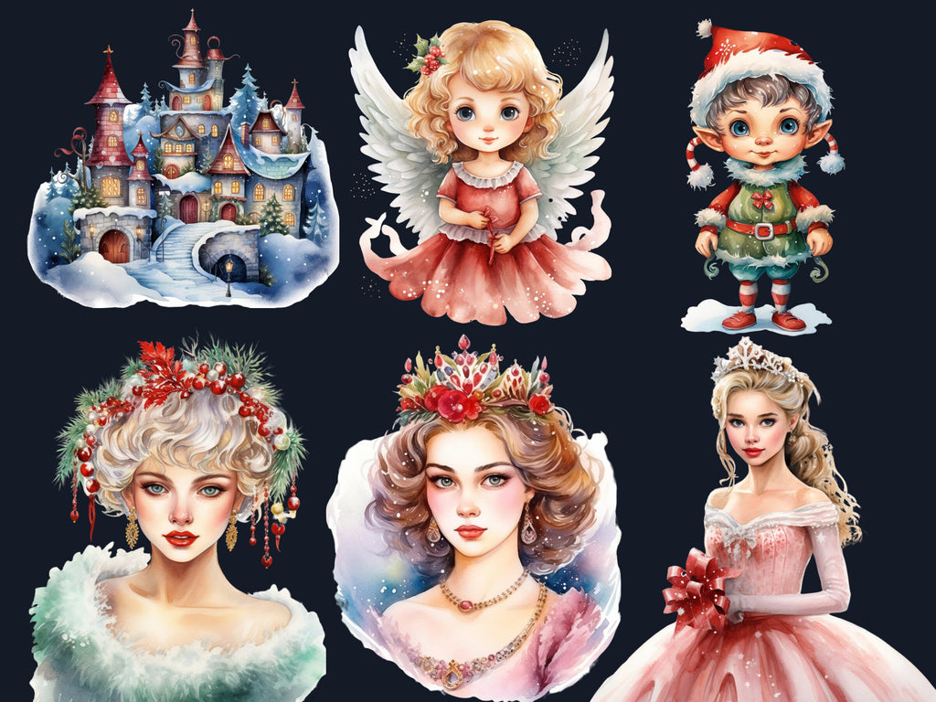 45 PNG Watercolour Fairytale Christmas Clipart, Enchanted Christmas Illustrations Clip art, Winter Holiday png, Fantasy Xmas Noel Ornaments