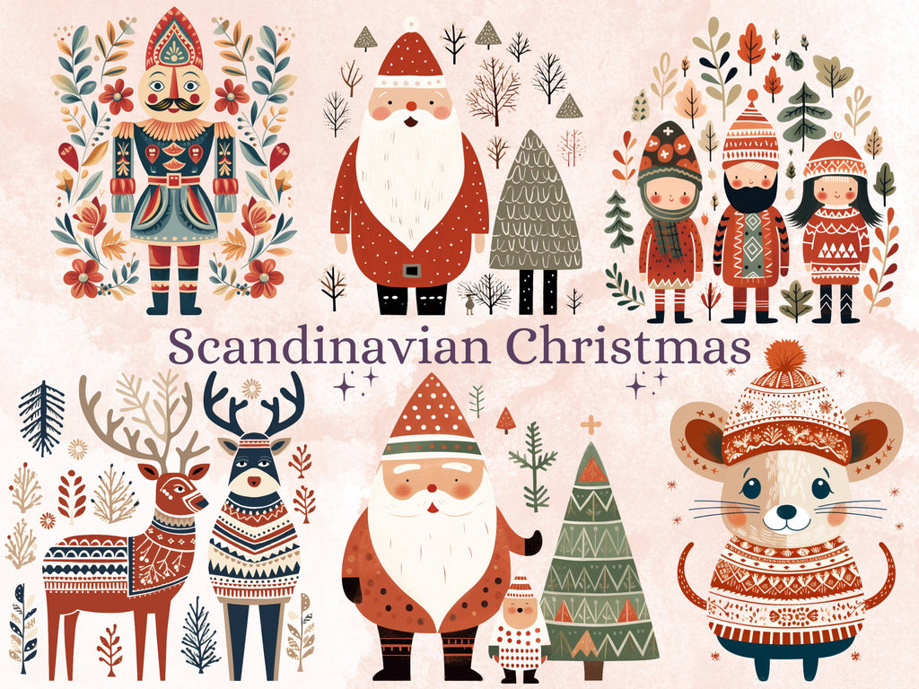 50 PNG Watercolour Scandinavian Christmas Clipart, Christmas Folk Art Illustrations Clip art, Winter Holiday png, Nordic Xmas Noel Ornaments