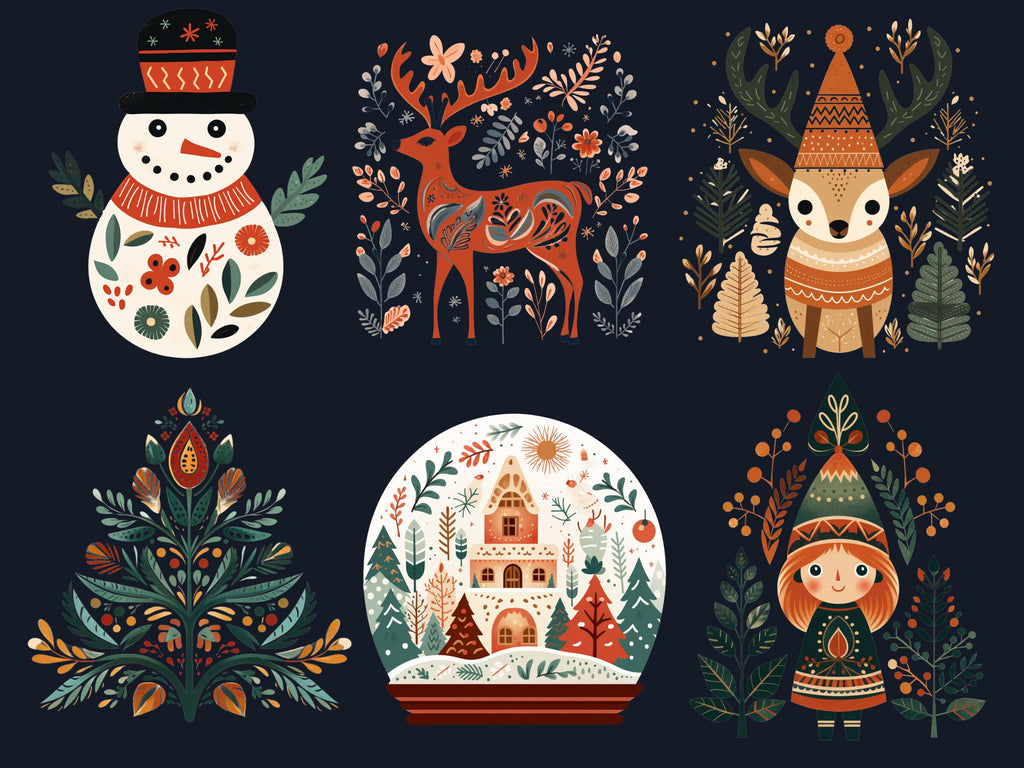 50 PNG Watercolour Scandinavian Christmas Clipart, Christmas Folk Art Illustrations Clip art, Winter Holiday png, Nordic Xmas Noel Ornaments