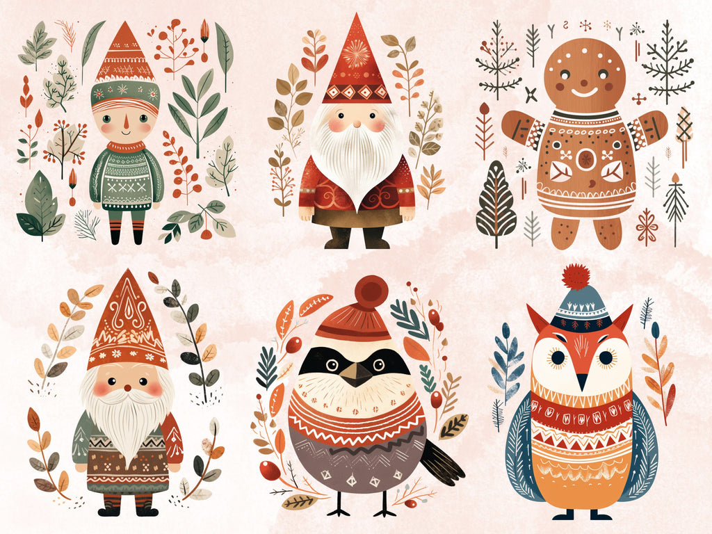 50 PNG Watercolour Scandinavian Christmas Clipart, Christmas Folk Art Illustrations Clip art, Winter Holiday png, Nordic Xmas Noel Ornaments
