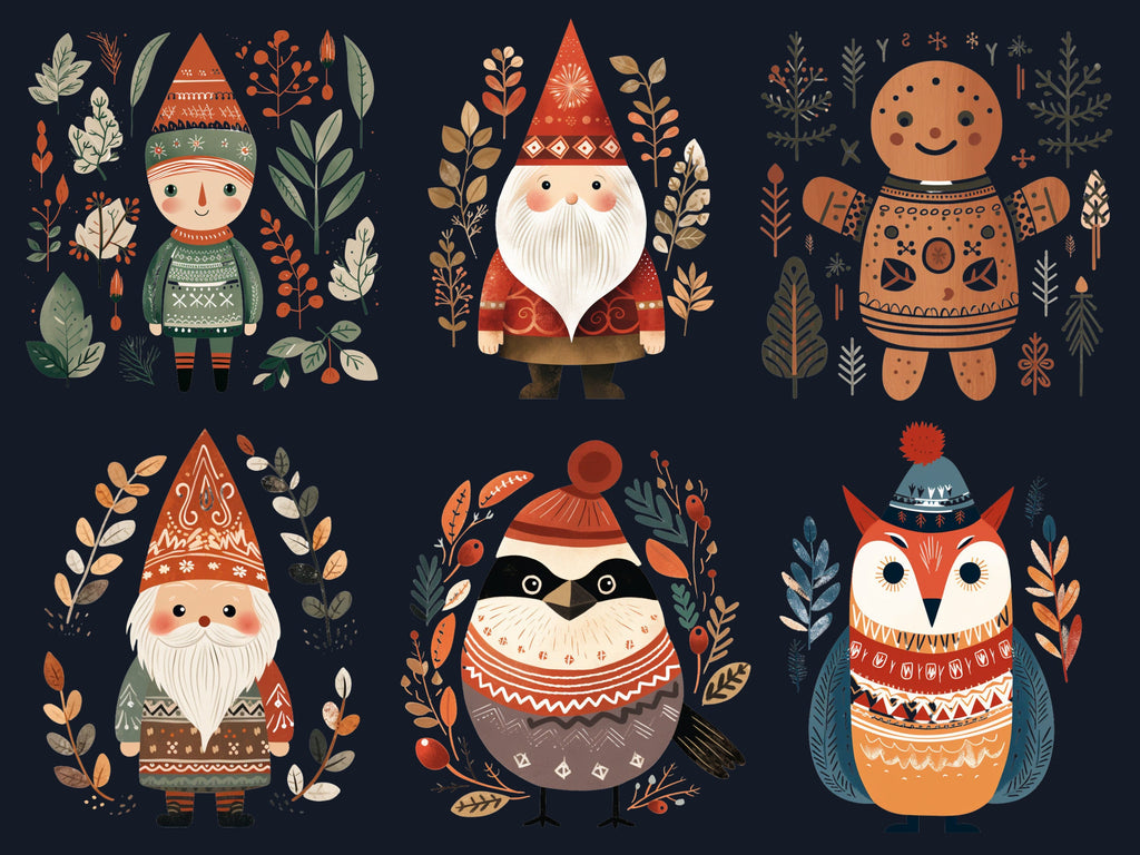 50 PNG Watercolour Scandinavian Christmas Clipart, Christmas Folk Art Illustrations Clip art, Winter Holiday png, Nordic Xmas Noel Ornaments