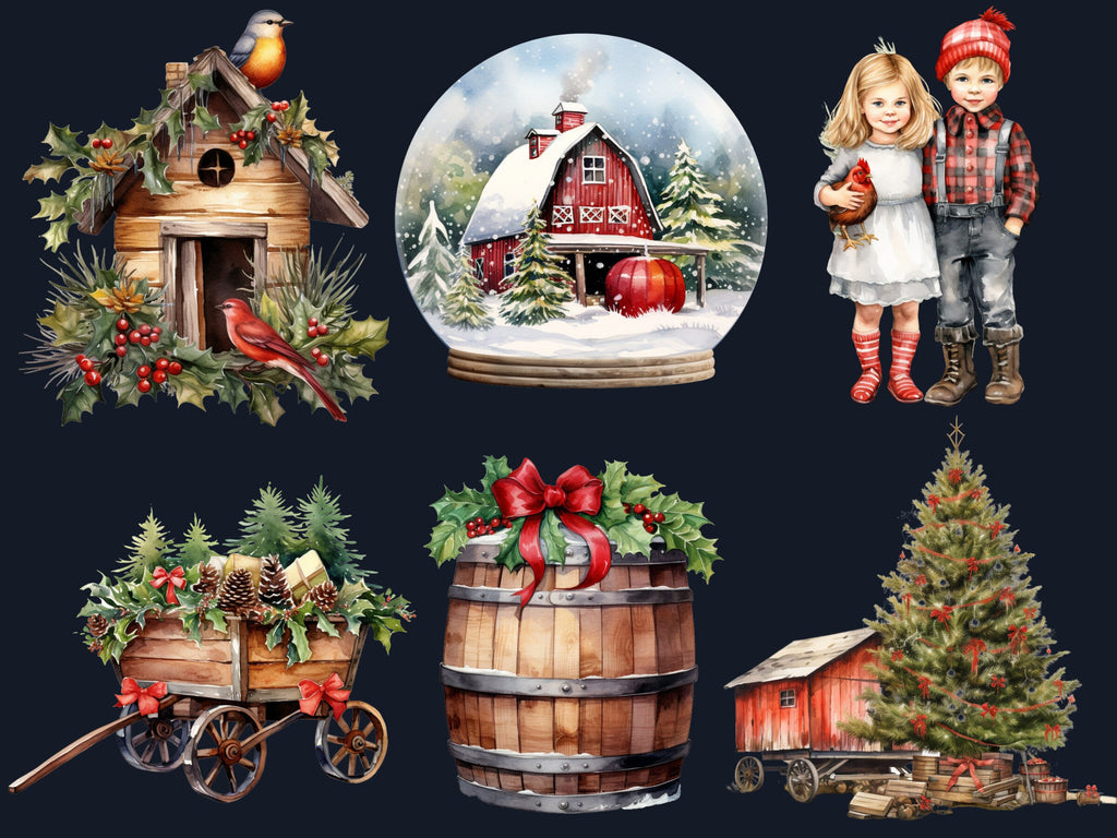 45 PNG Watercolour Farm Christmas Clipart, Christmas Cottage Farm Life Illustrations Clip art, Winter Holiday png, Xmas Noel Barn Ornaments