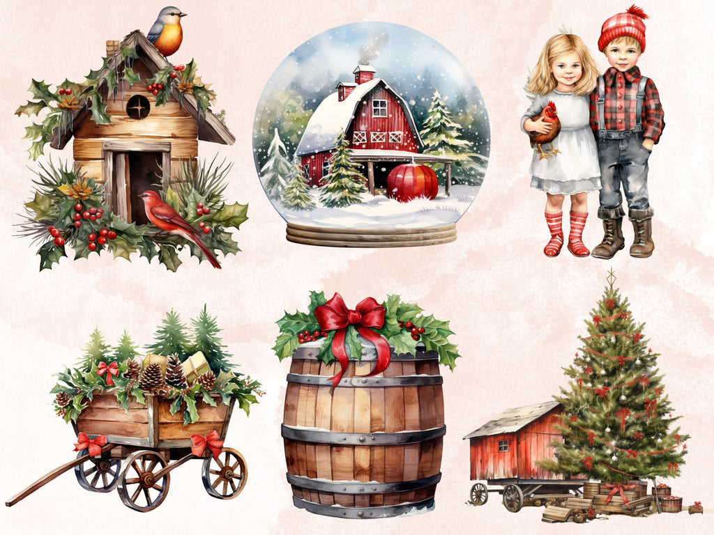 45 PNG Watercolour Farm Christmas Clipart, Christmas Cottage Farm Life Illustrations Clip art, Winter Holiday png, Xmas Noel Barn Ornaments