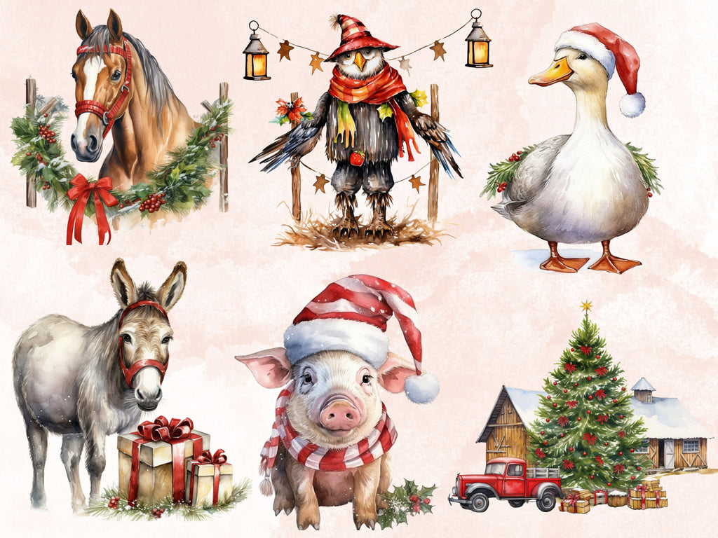 45 PNG Watercolour Farm Christmas Clipart, Christmas Cottage Farm Life Illustrations Clip art, Winter Holiday png, Xmas Noel Barn Ornaments