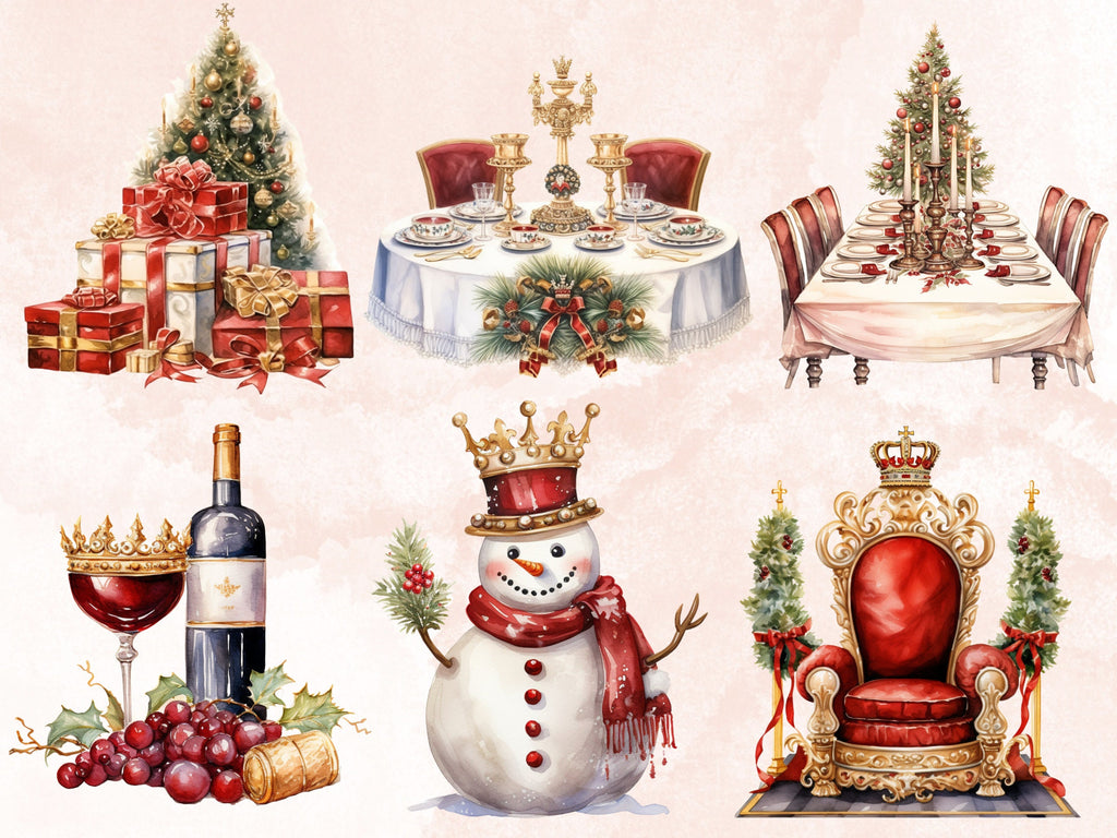 45 PNG Watercolour Royal Christmas Clipart, Luxury Christmas Kingdom Illustrations Clip art, Winter Holiday png, Elegant Xmas Noel Ornaments