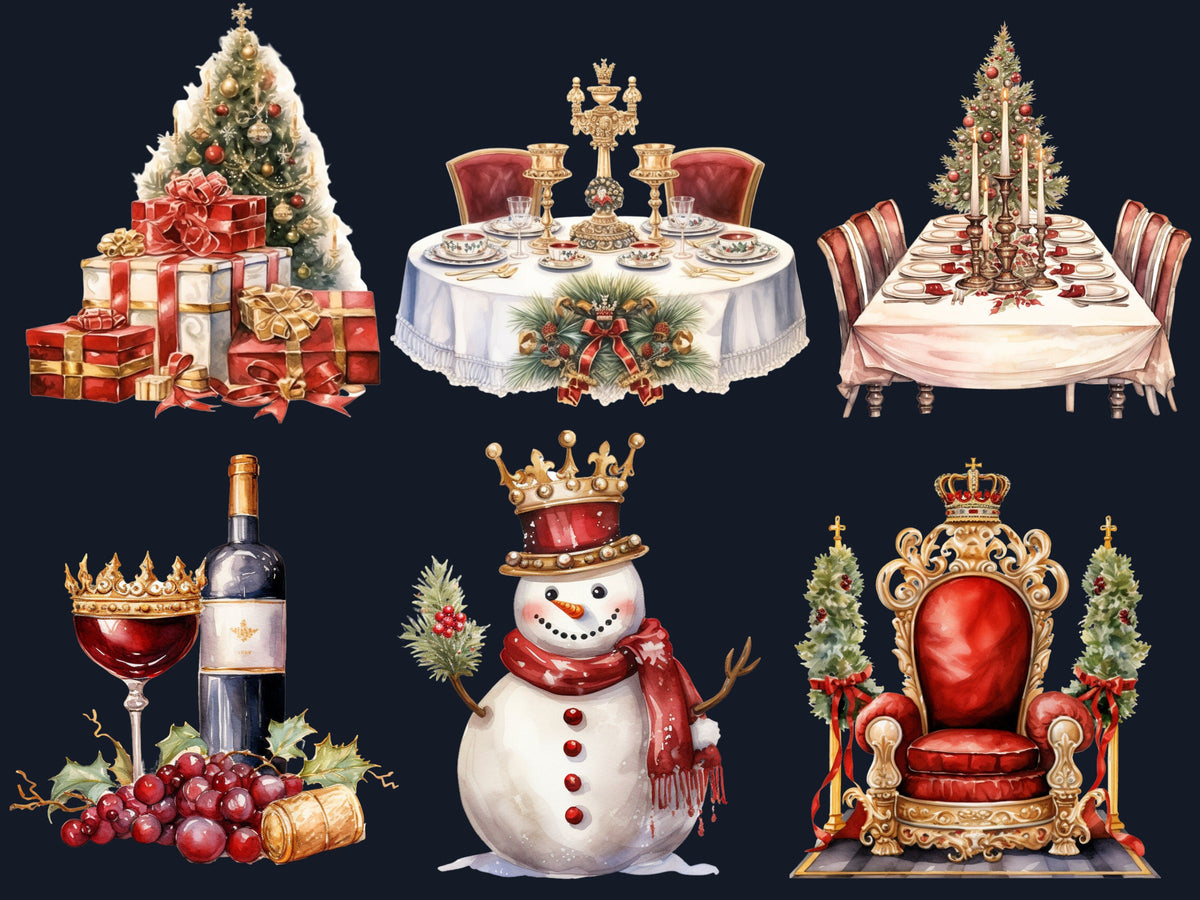 45 PNG Watercolour Royal Christmas Clipart, Luxury Christmas Kingdom Illustrations Clip art, Winter Holiday png, Elegant Xmas Noel Ornaments