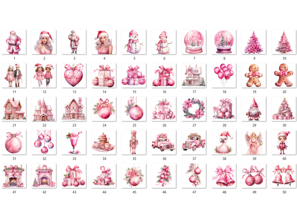50 PNG Watercolour Pink Christmas Clipart, Pastel Christmas Pink Illustrations Clip art, Winter Holiday png, Pastel Xmas Noel Ornaments