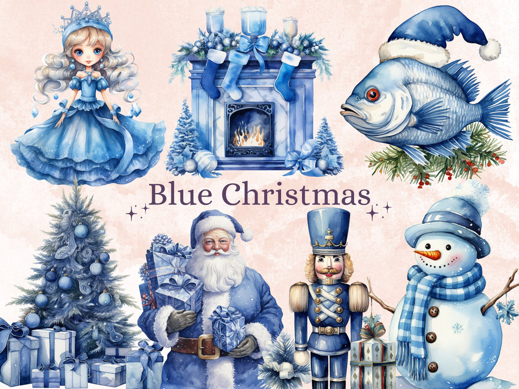 45 PNG Watercolour Blue Christmas Clipart, Pastel Christmas Blue Illustrations Clip art, Winter Holiday png, Pastel Xmas Noel Ornaments