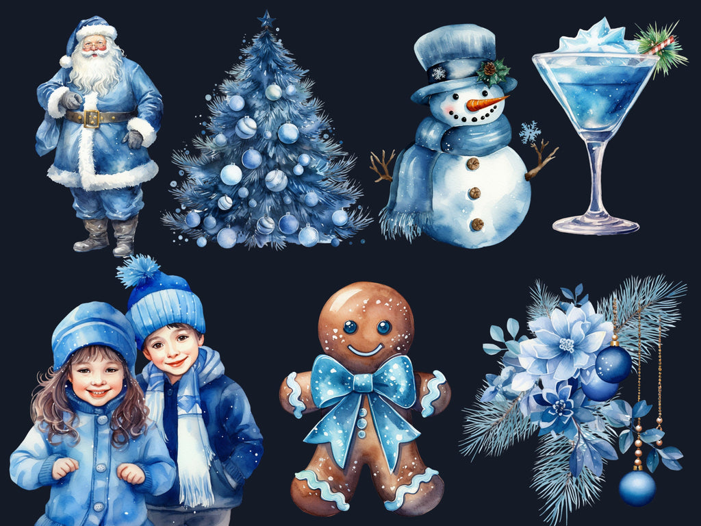 45 PNG Watercolour Blue Christmas Clipart, Pastel Christmas Blue Illustrations Clip art, Winter Holiday png, Pastel Xmas Noel Ornaments