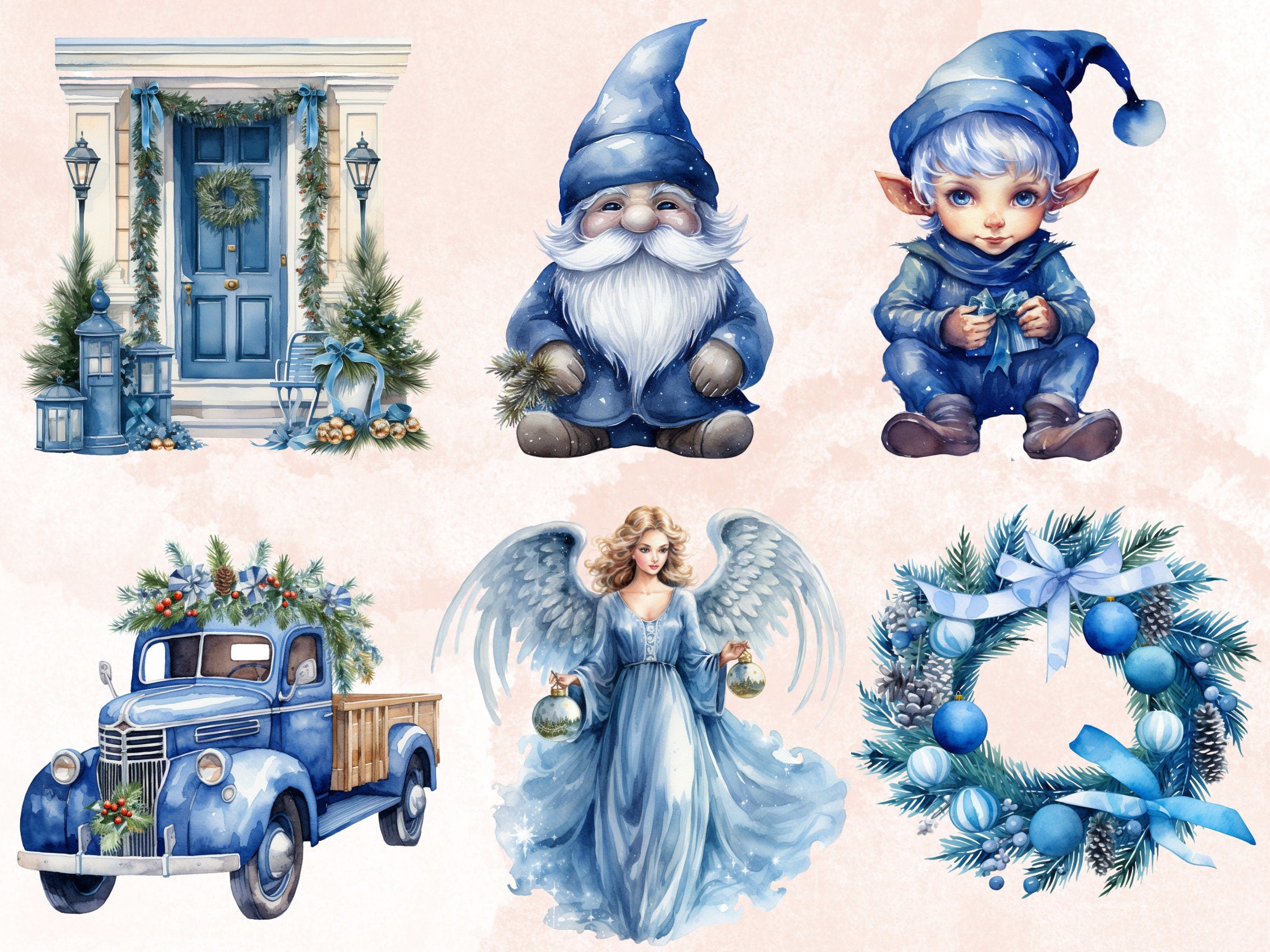 45 PNG Watercolour Blue Christmas Clipart, Pastel Christmas Blue Illustrations Clip art, Winter Holiday png, Pastel Xmas Noel Ornaments
