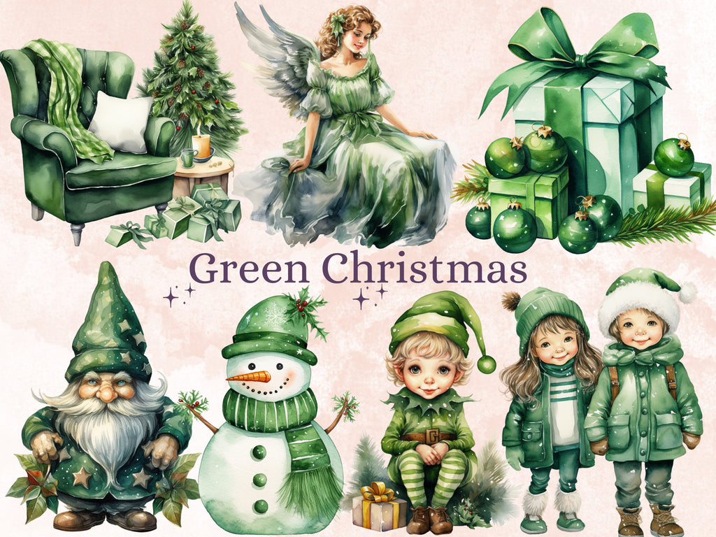 45 PNG Watercolour Green Christmas Clipart, Pastel Christmas Green Illustrations Clip art, Winter Holiday png, Pastel Xmas Noel Ornaments