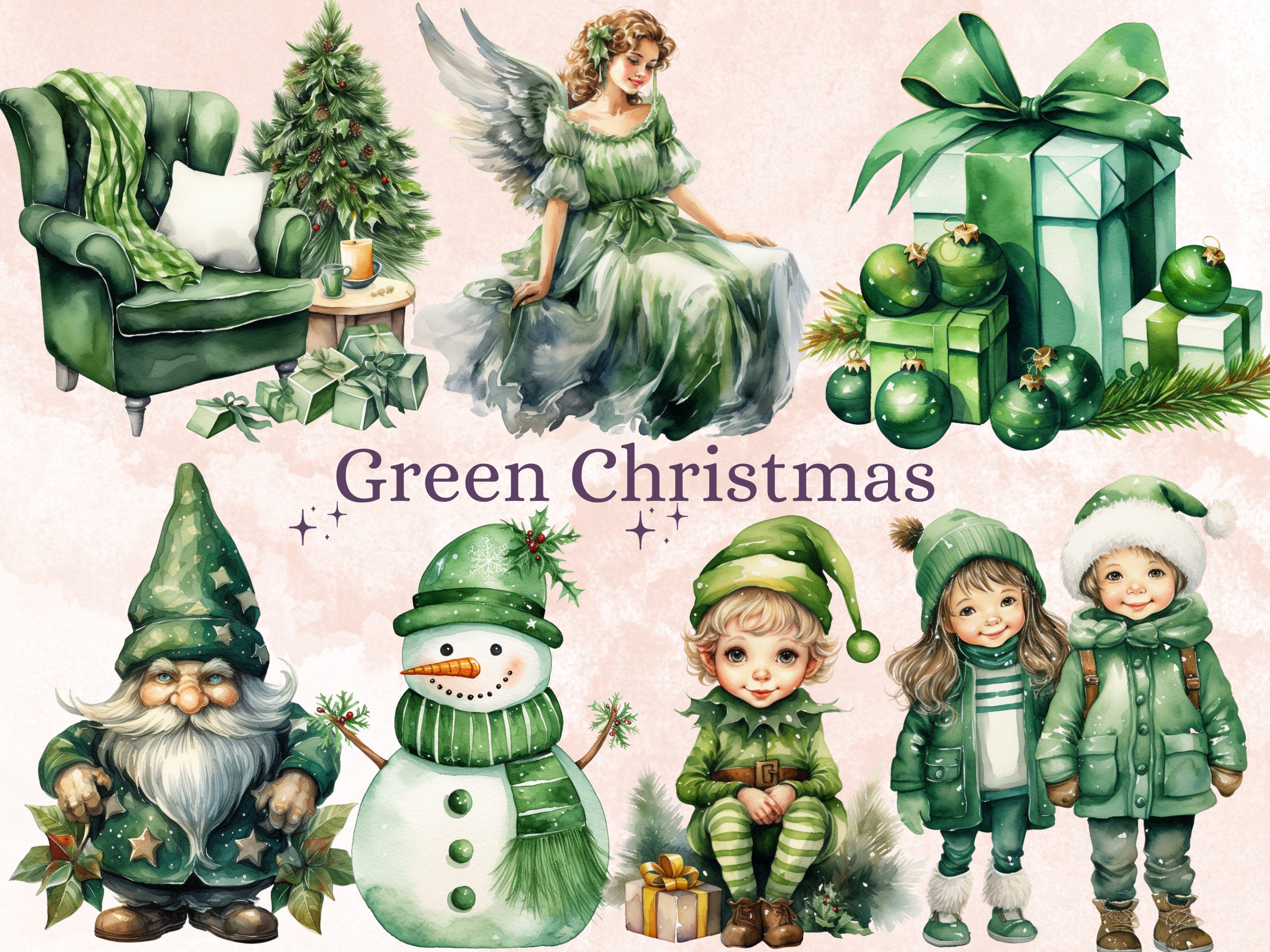 45 PNG Watercolour Green Christmas Clipart, Pastel Christmas Green Illustrations Clip art, Winter Holiday png, Pastel Xmas Noel Ornaments