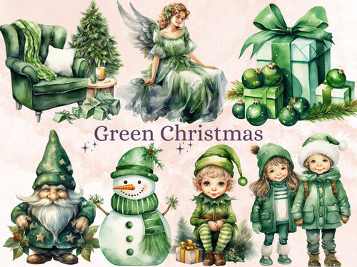 45 PNG Watercolour Green Christmas Clipart, Pastel Christmas Green Illustrations Clip art, Winter Holiday png, Pastel Xmas Noel Ornaments