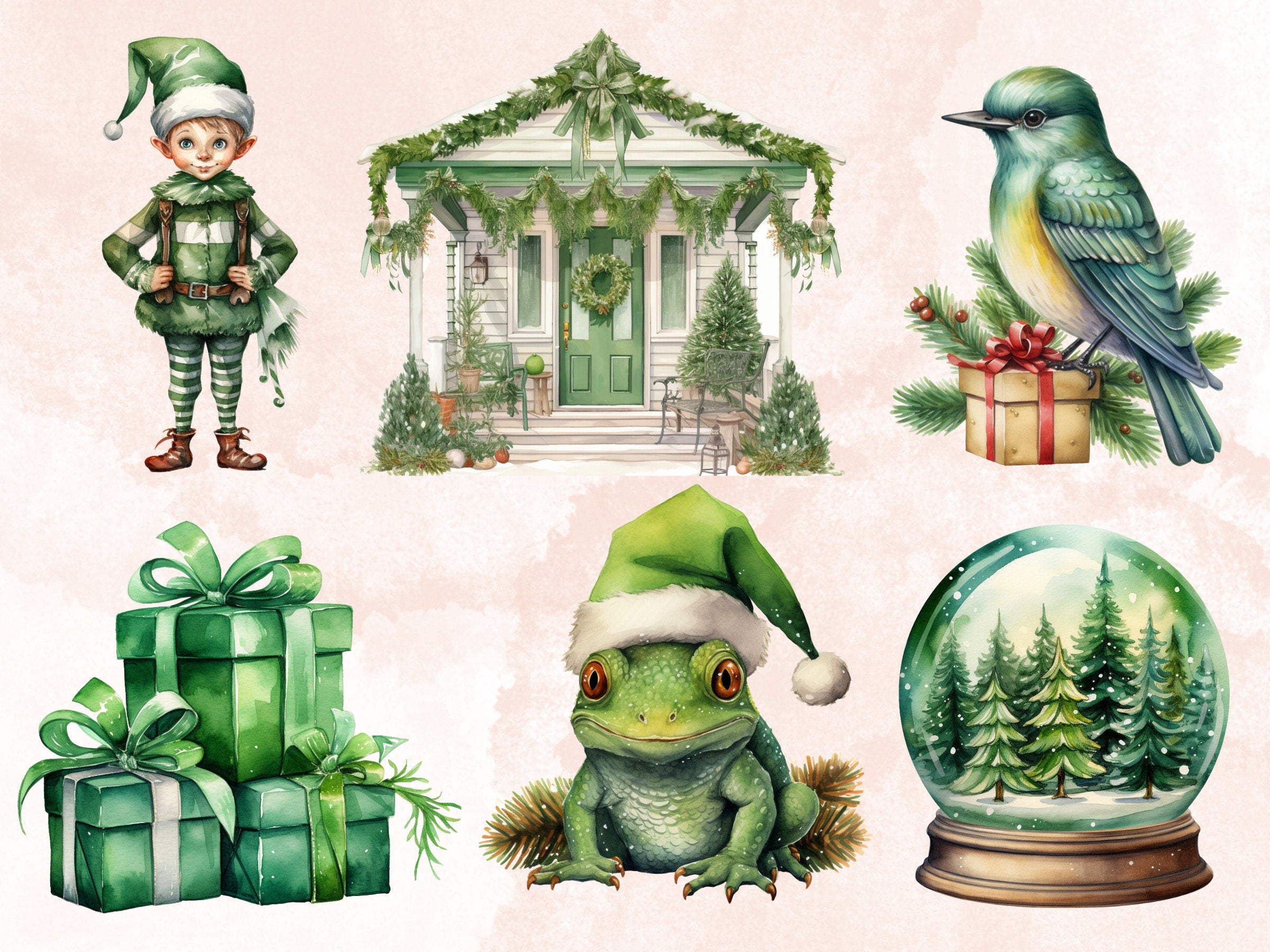45 PNG Watercolour Green Christmas Clipart, Pastel Christmas Green Illustrations Clip art, Winter Holiday png, Pastel Xmas Noel Ornaments