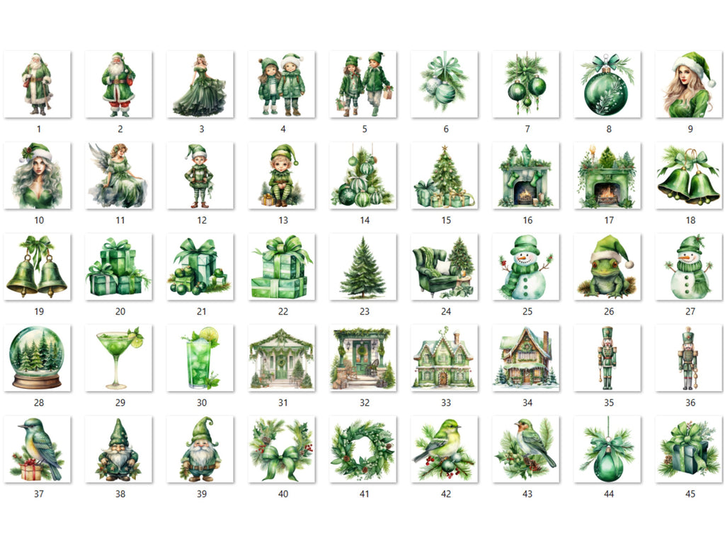 45 PNG Watercolour Green Christmas Clipart, Pastel Christmas Green Illustrations Clip art, Winter Holiday png, Pastel Xmas Noel Ornaments