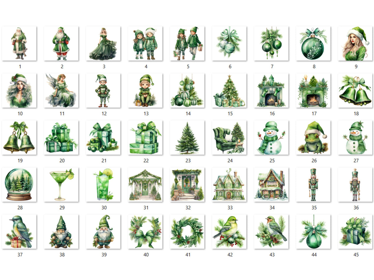 45 PNG Watercolour Green Christmas Clipart, Pastel Christmas Green Illustrations Clip art, Winter Holiday png, Pastel Xmas Noel Ornaments