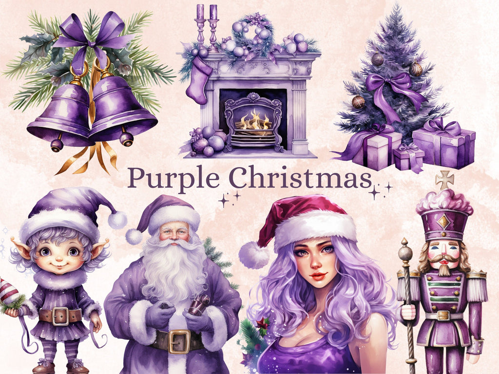 40 PNG Watercolour Purple Christmas Clipart, Pastel Christmas Lilac Illustrations Clip art, Winter Holiday png, Pastel Xmas Noel Ornaments