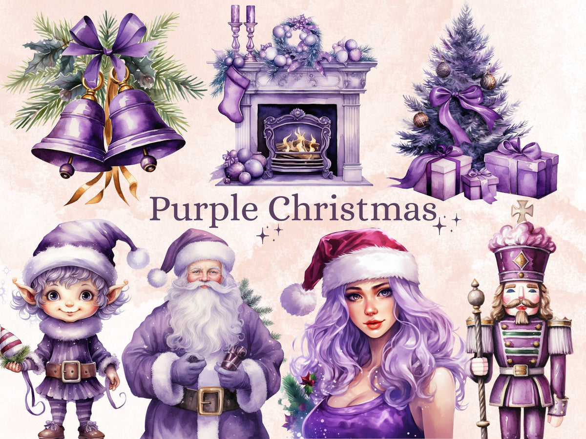 40 PNG Watercolour Purple Christmas Clipart, Pastel Christmas Lilac Illustrations Clip art, Winter Holiday png, Pastel Xmas Noel Ornaments