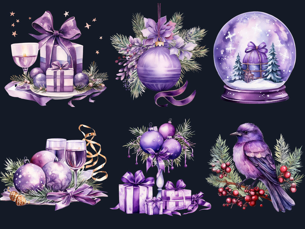 40 PNG Watercolour Purple Christmas Clipart, Pastel Christmas Lilac Illustrations Clip art, Winter Holiday png, Pastel Xmas Noel Ornaments