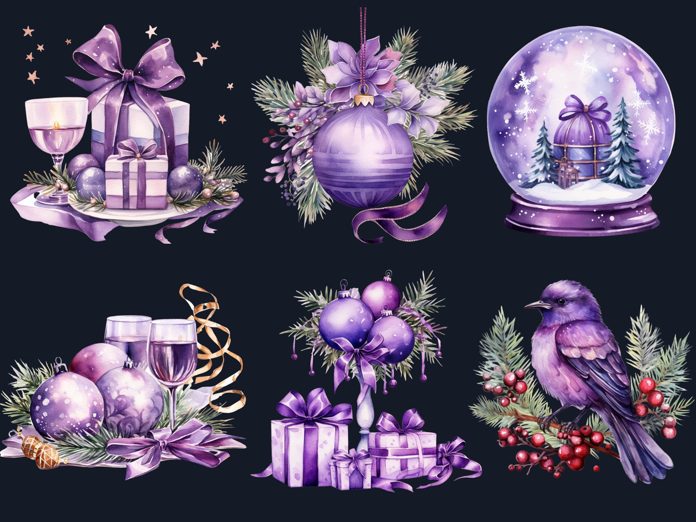 40 PNG Watercolour Purple Christmas Clipart, Pastel Christmas Lilac Illustrations Clip art, Winter Holiday png, Pastel Xmas Noel Ornaments