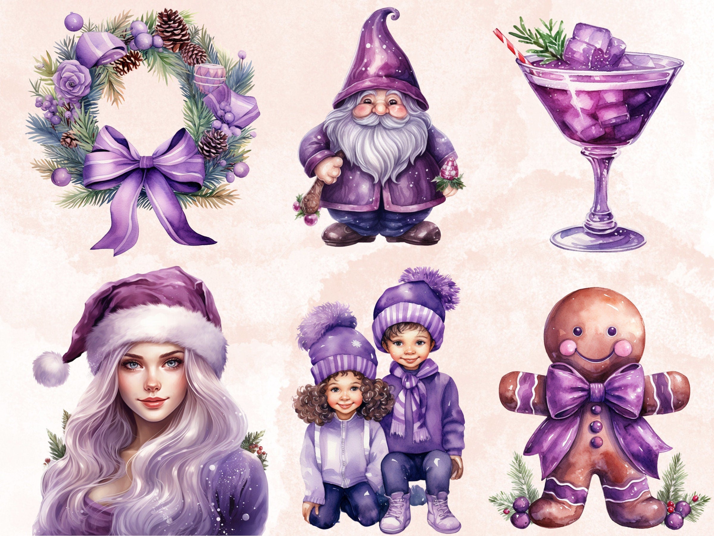 40 PNG Watercolour Purple Christmas Clipart, Pastel Christmas Lilac Illustrations Clip art, Winter Holiday png, Pastel Xmas Noel Ornaments