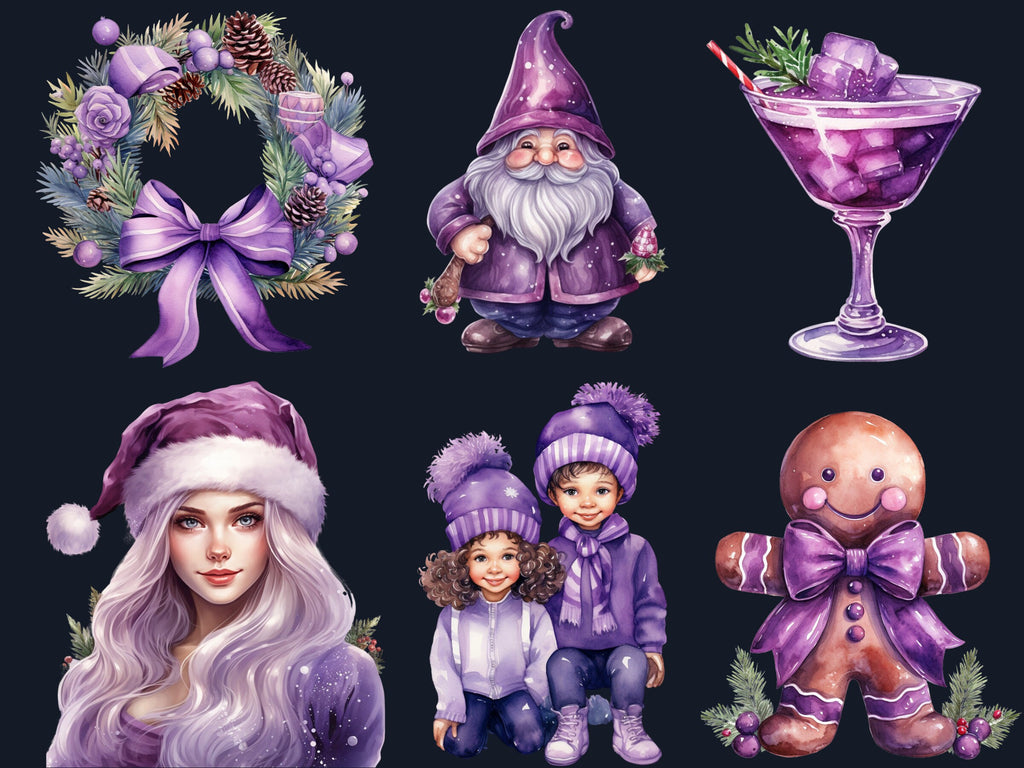 40 PNG Watercolour Purple Christmas Clipart, Pastel Christmas Lilac Illustrations Clip art, Winter Holiday png, Pastel Xmas Noel Ornaments