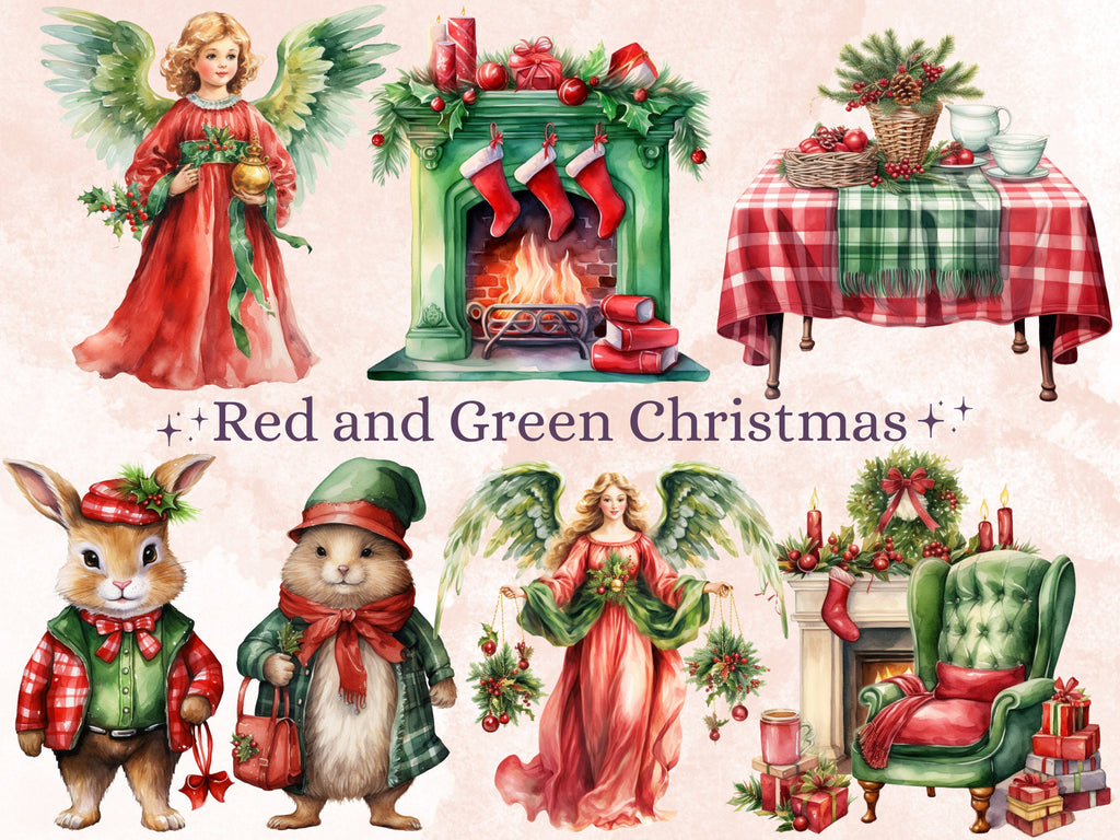 45 PNG Watercolour Red Green Christmas Clipart, Classic Christmas Illustration Clip art, Winter Holiday png, Traditional Xmas Noel Ornaments