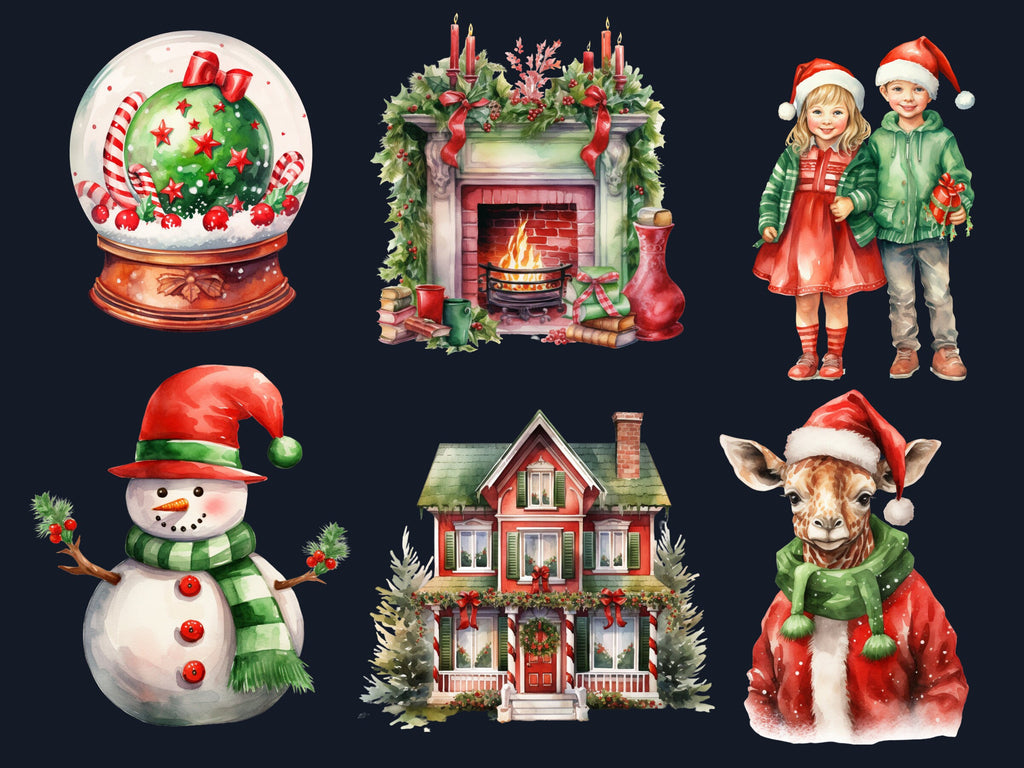 45 PNG Watercolour Red Green Christmas Clipart, Classic Christmas Illustration Clip art, Winter Holiday png, Traditional Xmas Noel Ornaments