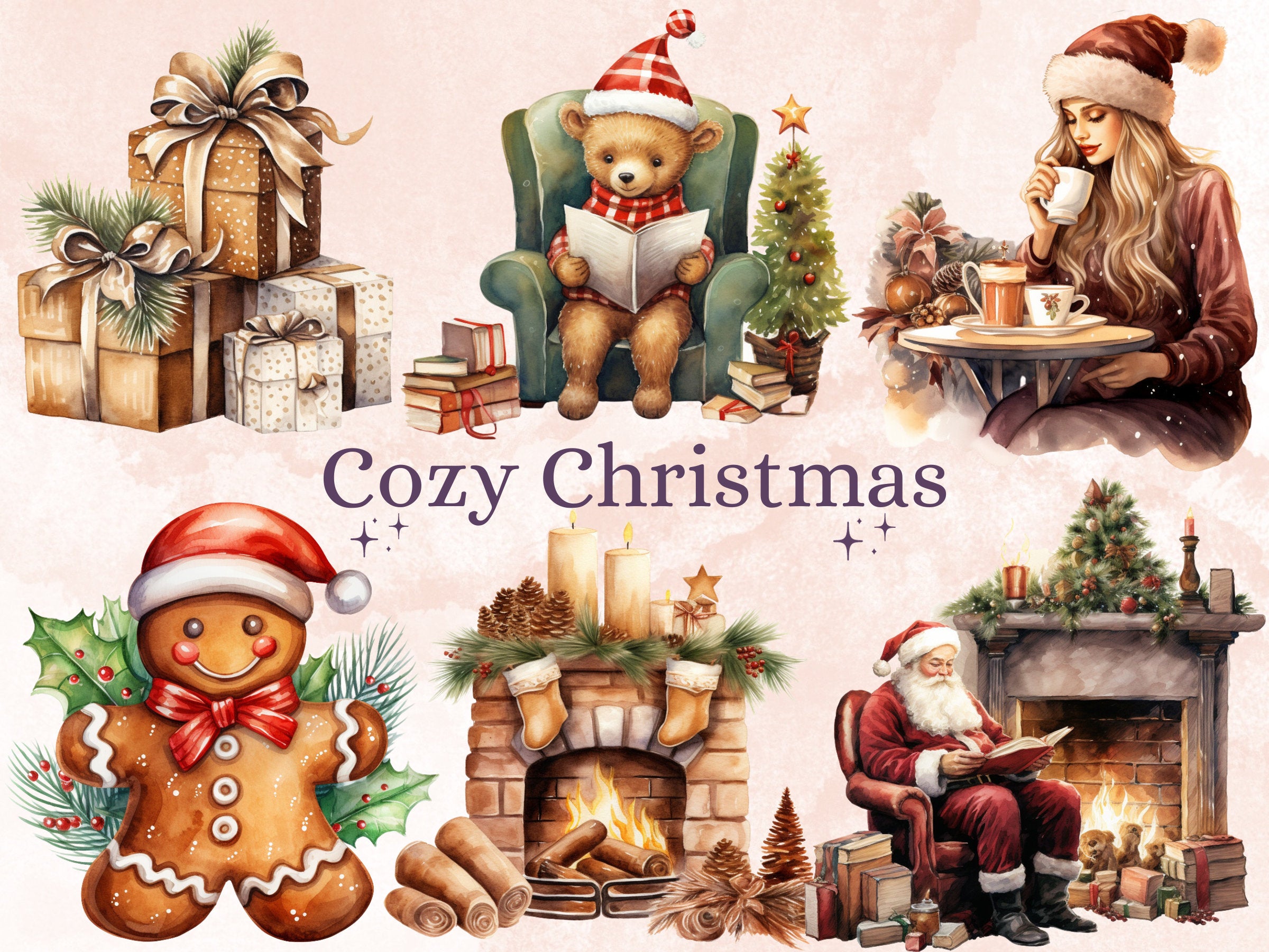 45 PNG Watercolour Cozy Christmas Bundle Clipart, Rustic Boho Christmas Illustrations Clip art, Winter Holiday png, Xmas Noel Ornaments