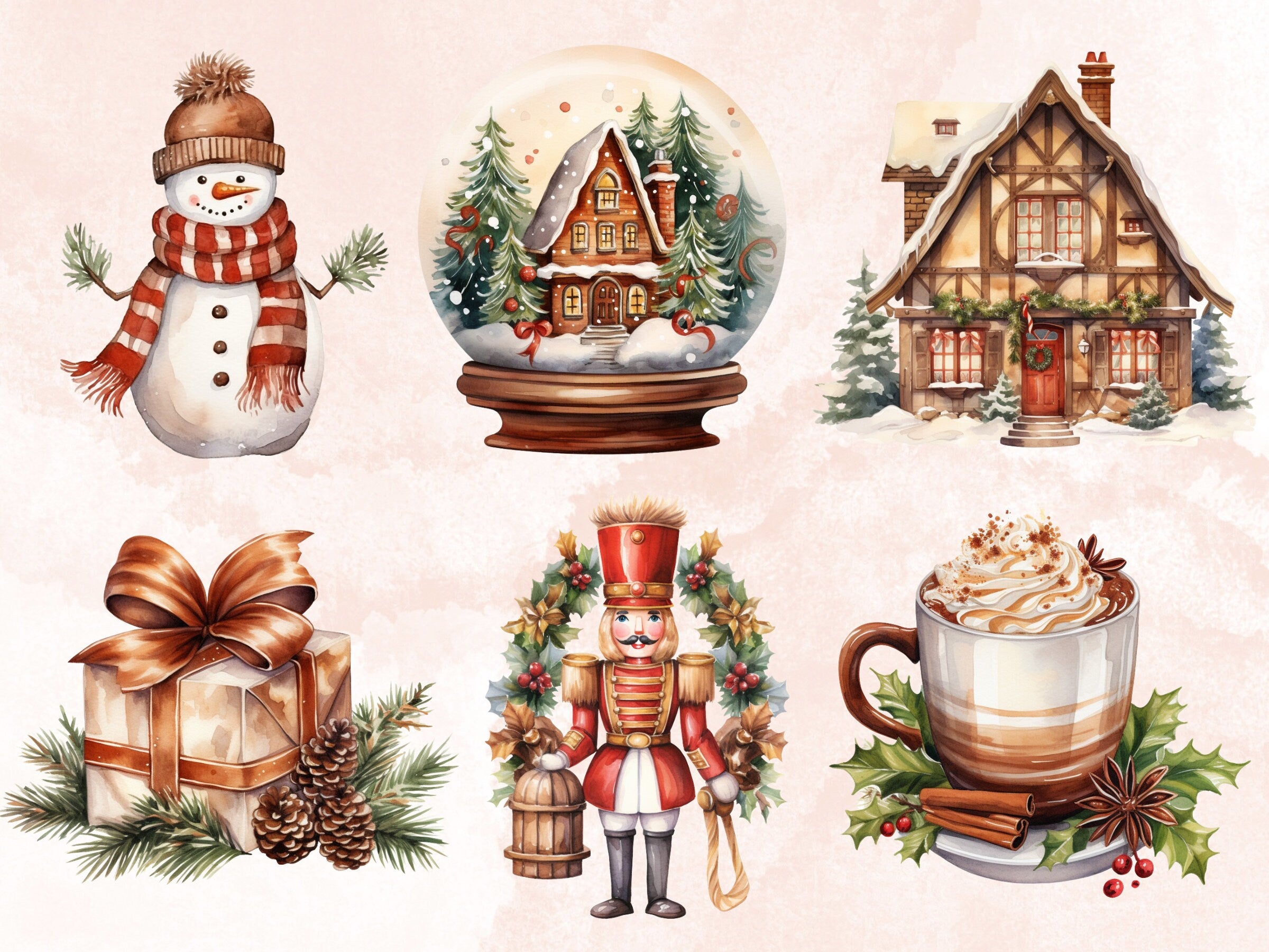 45 PNG Watercolour Cozy Christmas Bundle Clipart, Rustic Boho Christmas Illustrations Clip art, Winter Holiday png, Xmas Noel Ornaments